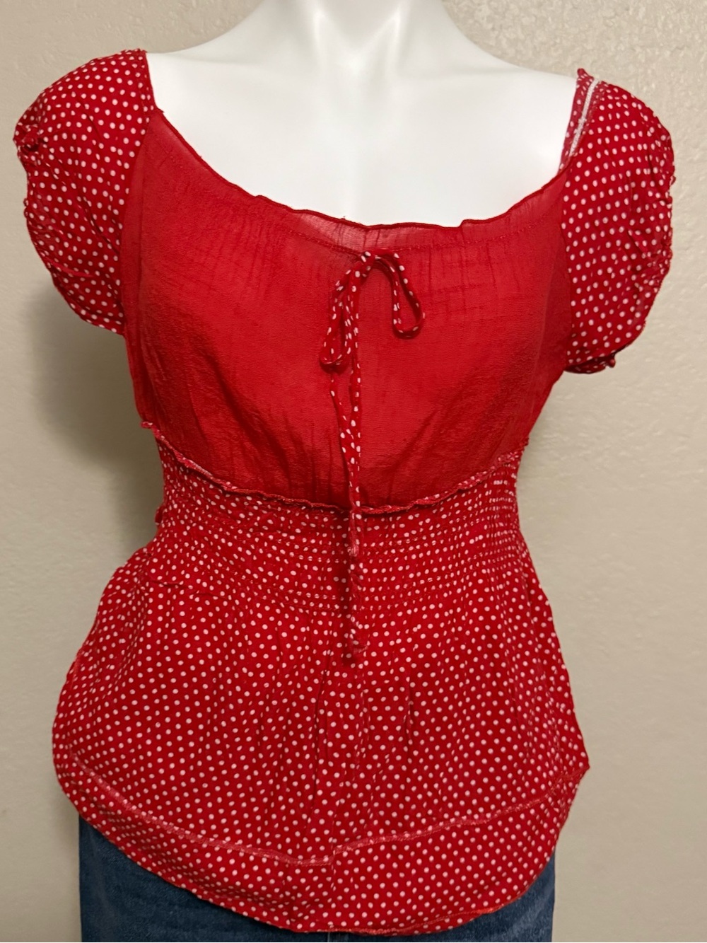 Red Polka Dot Peasant Blouse with Tie Neck